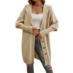 Apricot Solid Color Buttoned Hooded Cardigan