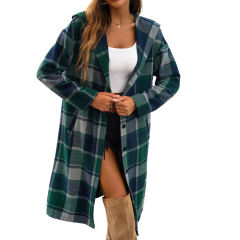Green Plaid Print Buttoned Long Hooded Shacket