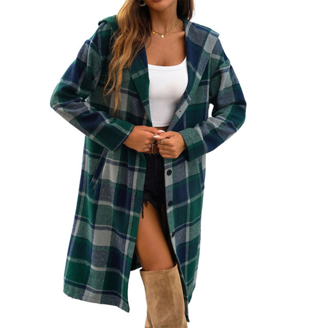 Green Plaid Print Buttoned Long Hooded Shacket