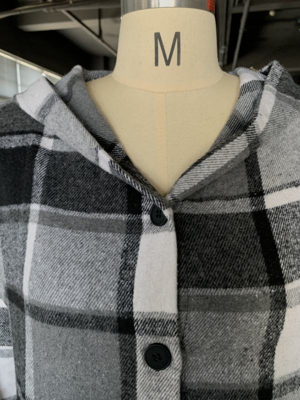 Grey Plaid Print Buttoned Long Hooded Shacket