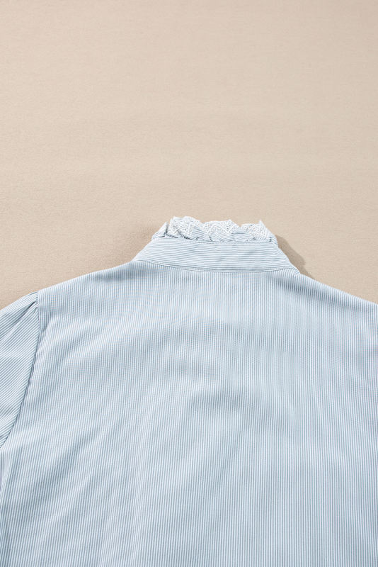 Sky Blue Stripe Frilled Trim Button Up Long Sleeve Shirt