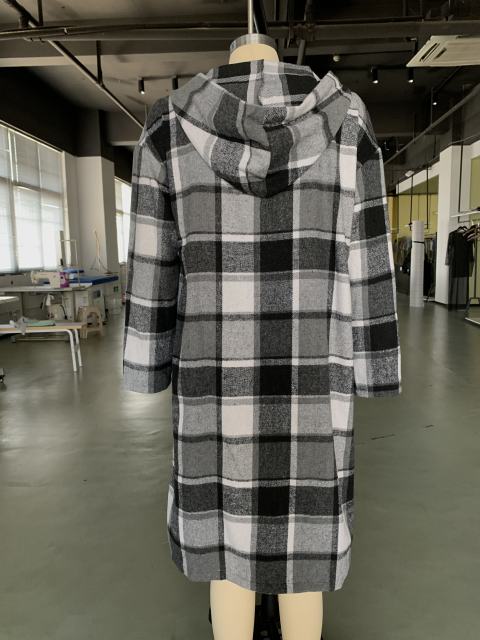 Grey Plaid Print Buttoned Long Hooded Shacket