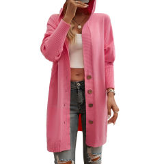 Hot Pink Solid Color Buttoned Hooded Cardigan