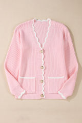 Pink Ribbed Knit Scalloped Edge Side Pockets Buttoned Cardigan