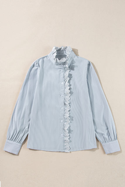 Sky Blue Stripe Frilled Trim Button Up Long Sleeve Shirt