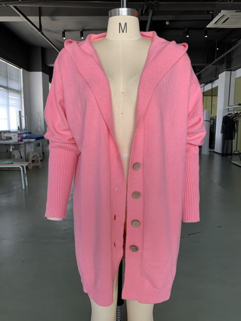 Hot Pink Solid Color Buttoned Hooded Cardigan