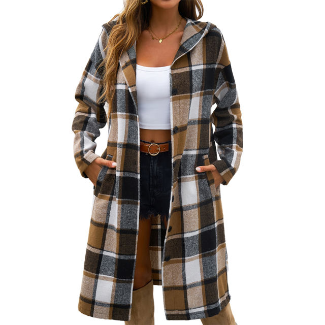Khaki Plaid Print Buttoned Long Hooded Shacket