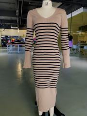 Khaki V Neck Slim Fit Striped Sweater Dress