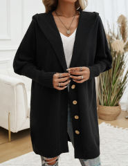 Black Solid Color Buttoned Hooded Cardigan