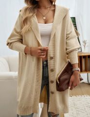 Apricot Solid Color Buttoned Hooded Cardigan