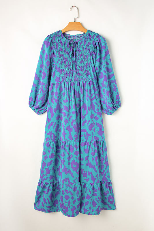 Sky Blue Abstract Print Puff Sleeve Tied Notched Neck Long Dress