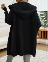 Black Solid Color Buttoned Hooded Cardigan