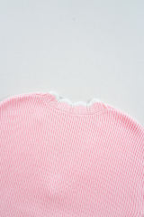 Pink Ribbed Knit Scalloped Edge Side Pockets Buttoned Cardigan