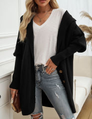 Black Solid Color Buttoned Hooded Cardigan