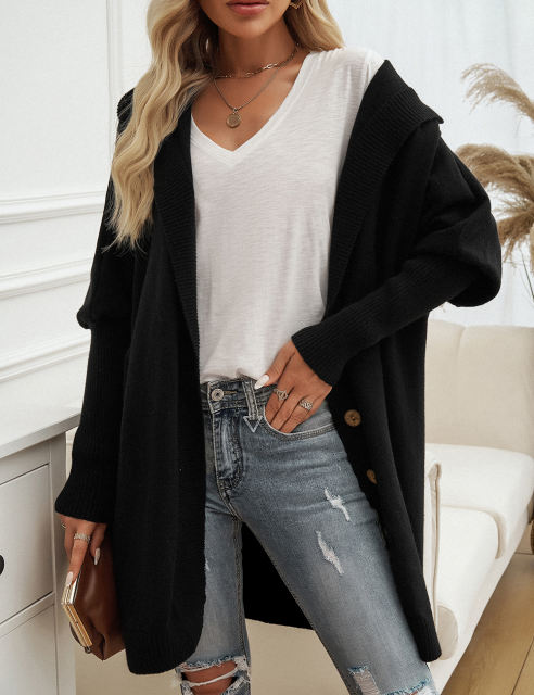 Black Solid Color Buttoned Hooded Cardigan