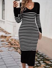 Black V Neck Slim Fit Striped Sweater Dress