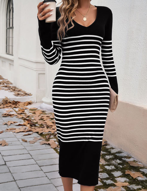 Black V Neck Slim Fit Striped Sweater Dress