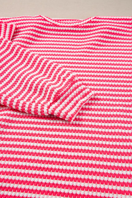 Rose Stripe Round Neck Drop Shoulder Long Sleeve Top