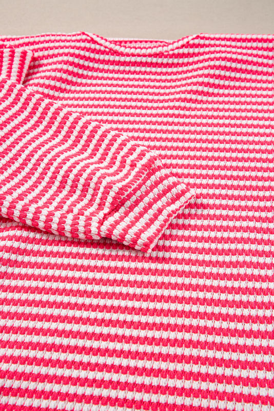 Rose Stripe Round Neck Drop Shoulder Long Sleeve Top
