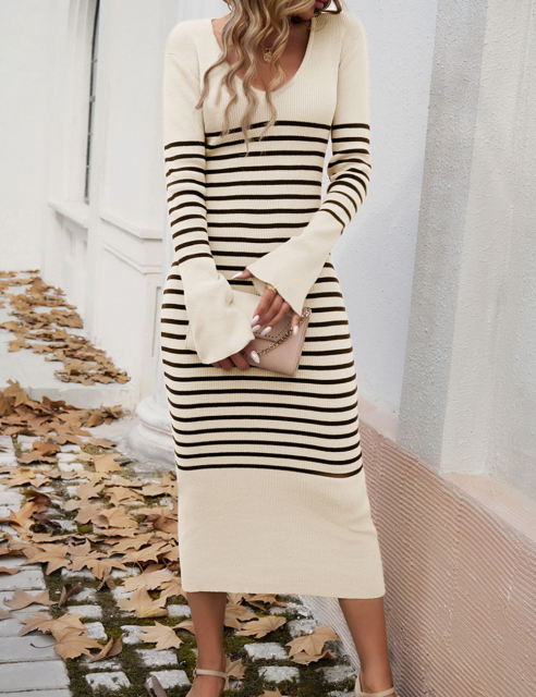 Apricot V Neck Slim Fit Striped Sweater Dress