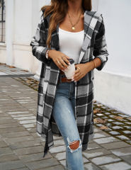 Grey Plaid Print Buttoned Long Hooded Shacket