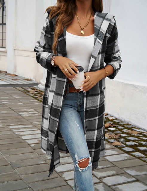 Grey Plaid Print Buttoned Long Hooded Shacket