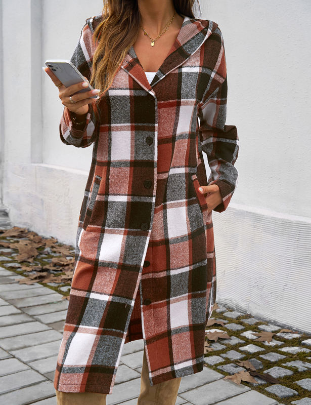Brown Plaid Print Buttoned Long Hooded Shacket