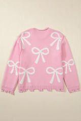 Pink Pearl Beaded Bowknot Pattern Distressed Split Hem Sweater
