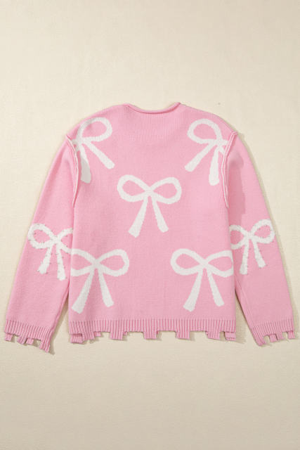 Pink Pearl Beaded Bowknot Pattern Distressed Split Hem Sweater