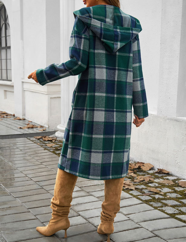 Green Plaid Print Buttoned Long Hooded Shacket