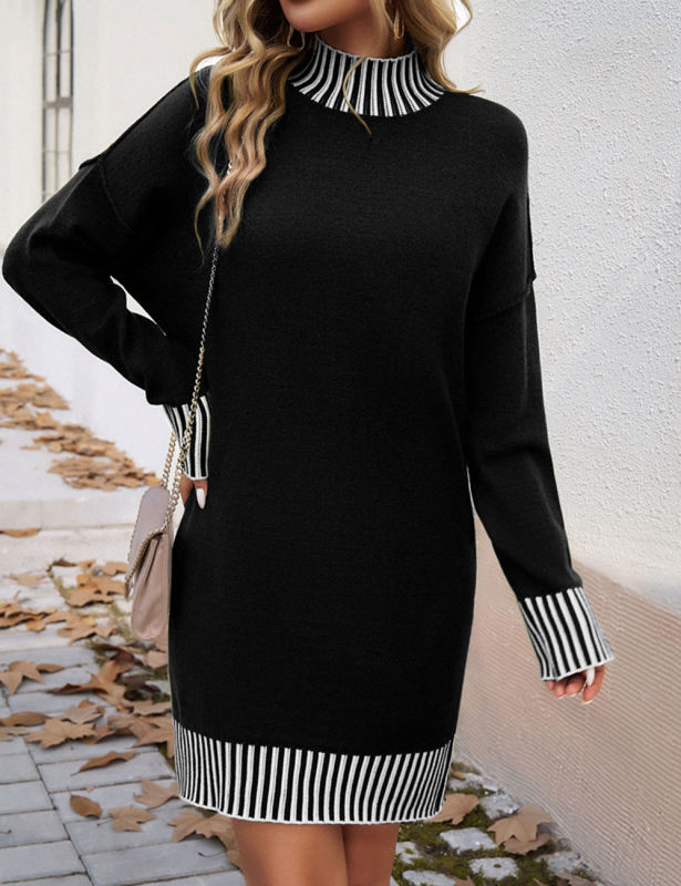 Black Contrast Striped Detail High Neck Sweater Dress