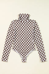 Brown Checkered Printed Long Sleeve High Neck Bodysuit