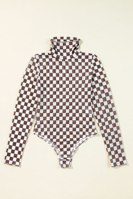 Brown Checkered Printed Long Sleeve High Neck Bodysuit