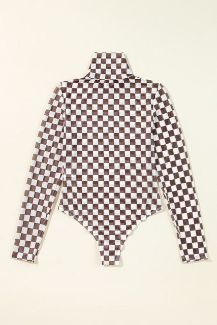 Brown Checkered Printed Long Sleeve High Neck Bodysuit