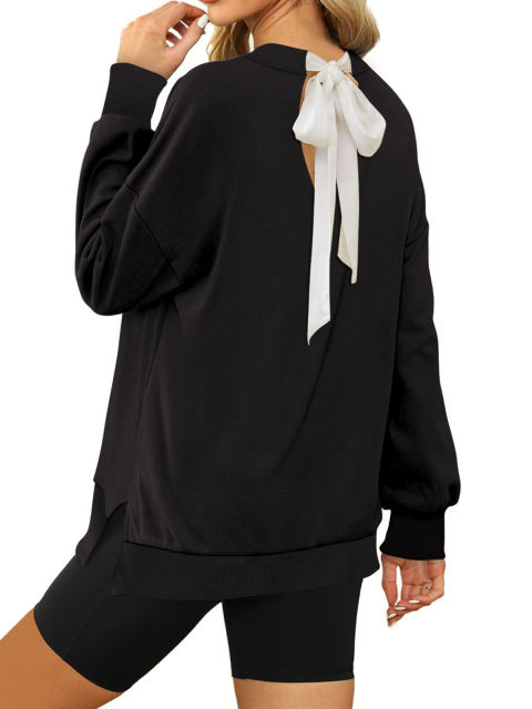 Black Back Bowknot Sides Slit Pullover Sweatshirt