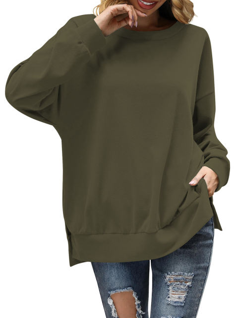 Army Green Back Bowknot Sides Slit Pullover Sweatshirt