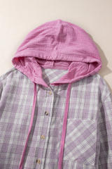 Pink Checkered Print Loose Fit Buttoned Hooded Shacket