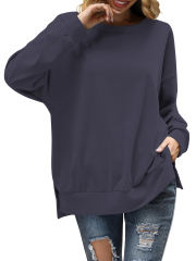 Dark Blue Back Bowknot Sides Slit Pullover Sweatshirt
