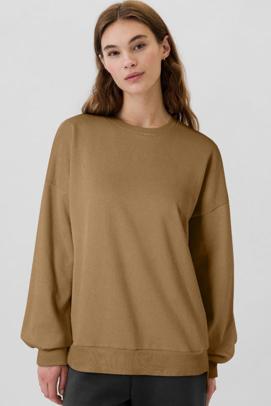 Camel Solid Fleece Lined Drop Shoulder High Low Sweatshirt