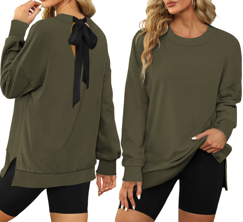 Army Green Back Bowknot Sides Slit Pullover Sweatshirt