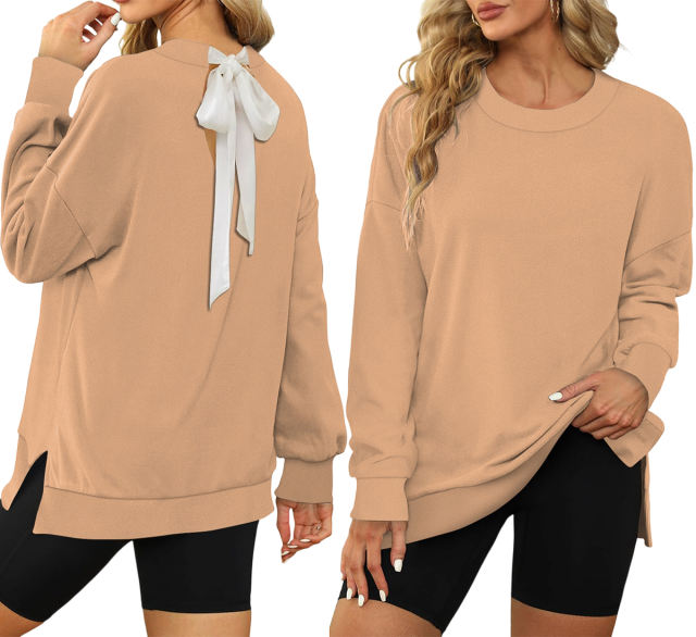 Khaki Back Bowknot Sides Slit Pullover Sweatshirt