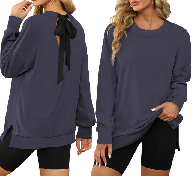 Dark Blue Back Bowknot Sides Slit Pullover Sweatshirt
