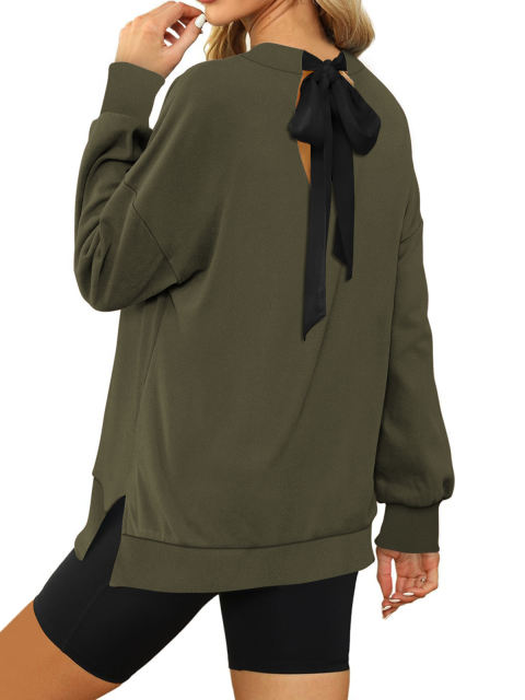 Army Green Back Bowknot Sides Slit Pullover Sweatshirt