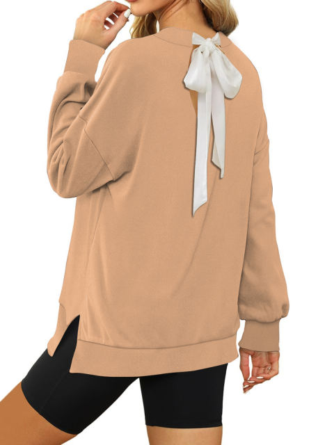 Khaki Back Bowknot Sides Slit Pullover Sweatshirt