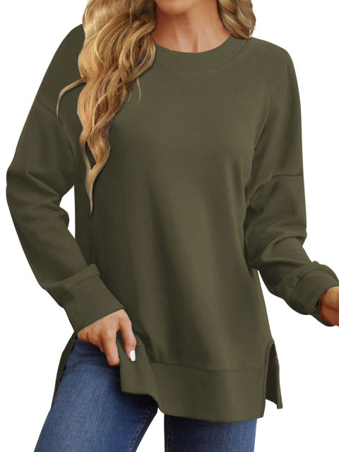 Army Green Back Bowknot Sides Slit Pullover Sweatshirt