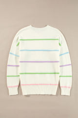 White Rainbow Stripes Drop Shoulder Baggy Henley Sweater