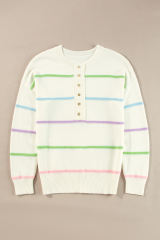 White Rainbow Stripes Drop Shoulder Baggy Henley Sweater