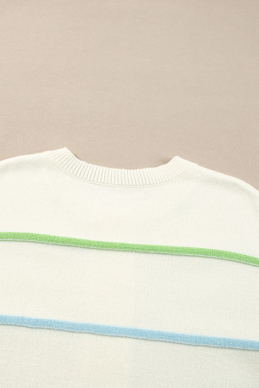 White Rainbow Stripes Drop Shoulder Baggy Henley Sweater
