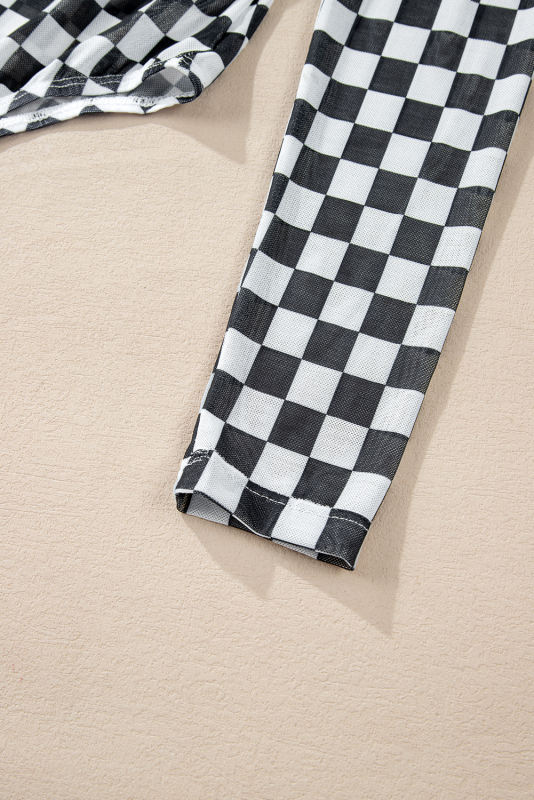 Black Checkered Printed Long Sleeve High Neck Bodysuit