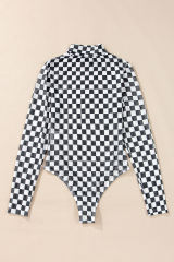 Black Checkered Printed Long Sleeve High Neck Bodysuit